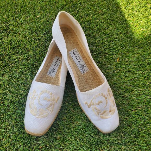 Vintage Evan Picone White Canvas Embroidered Lizard Espadrille Alpargata Flats - Picture 2 of 7